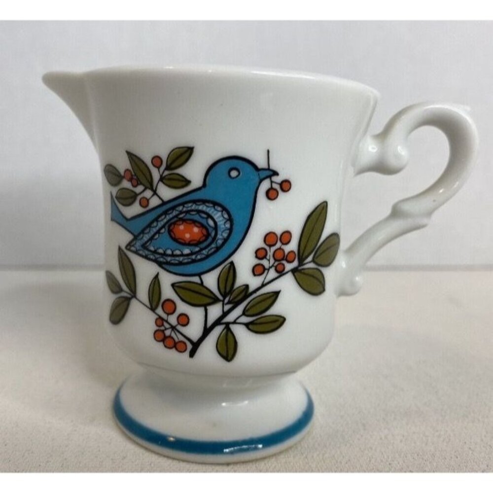 Vintage Milk Creamer Blue Bird & Berry Design 3 1/8" Tall